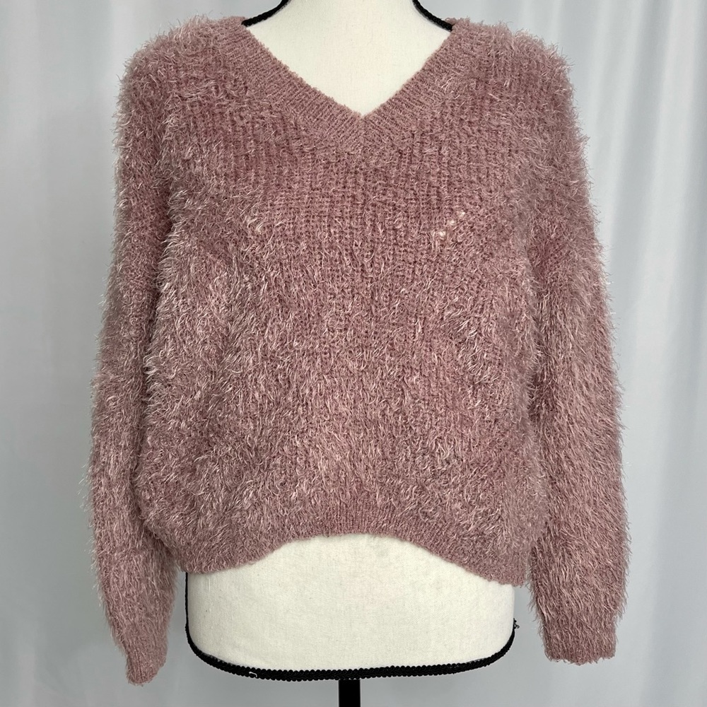 Dusty Pink Fuzzy V-Neck Sweater Size Small